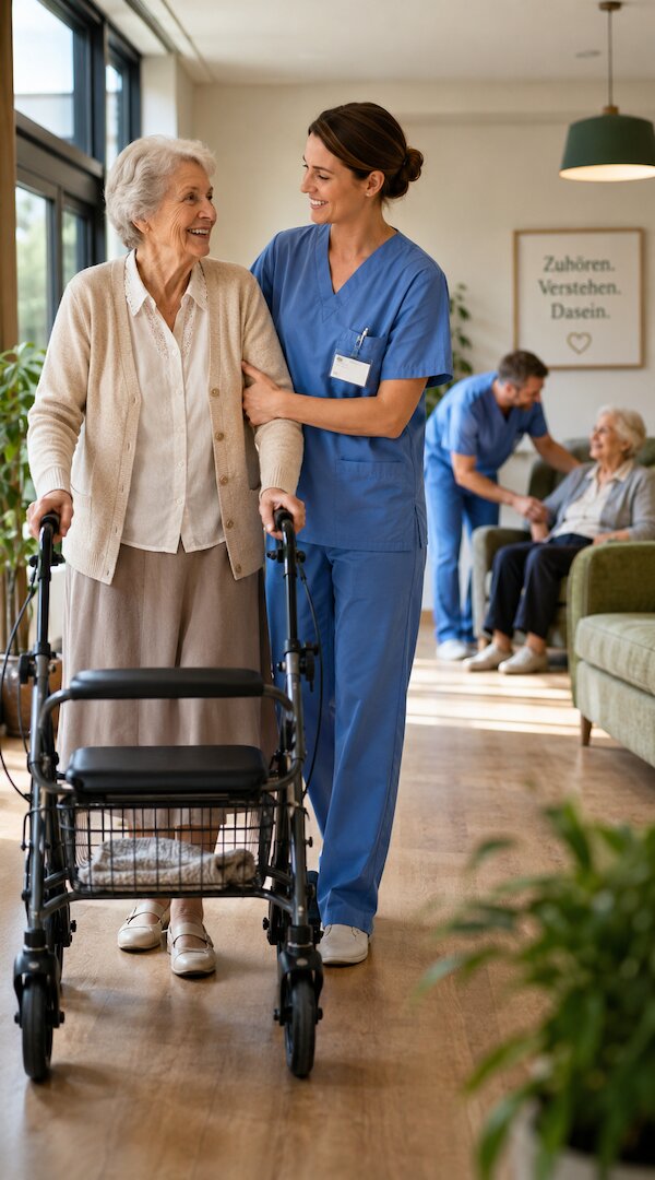 Pflegekraft mit älterer Dame am Rollator @ 